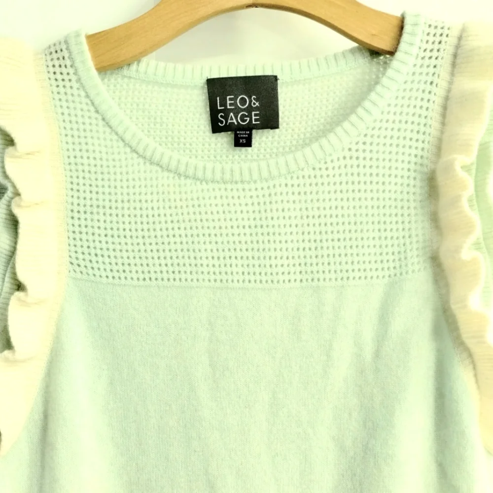 Leo & Sage Cashmere Sweater Tank Aqua Ruffle Shoulder‎